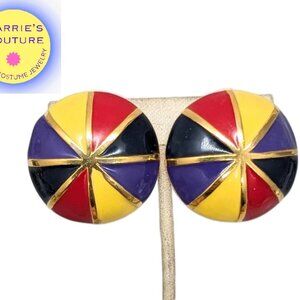 Vintage 1980s Signed Escada Round Domed Multicolor Enamel Clip Earrings